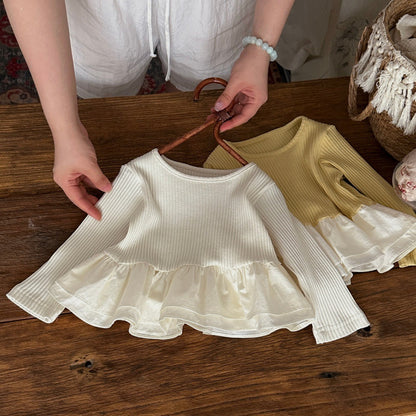 Camiseta de manga larga acanalada con volantes estilo peplum para bebés y niños 【mh0014484】