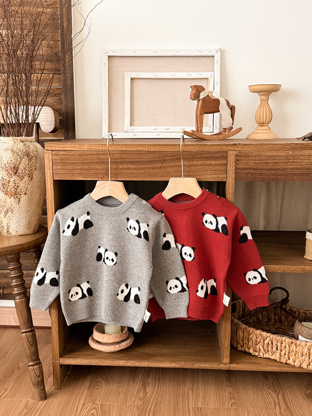 ニットセーター パンダ柄 厚手 クルーネック カジュアル トップス【mh0011691】