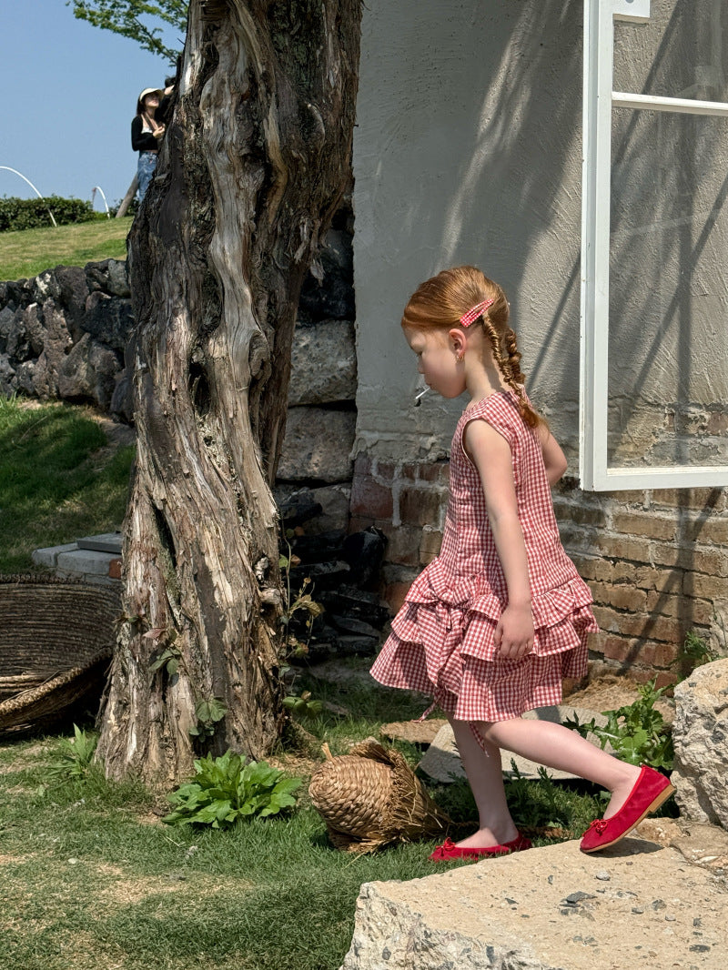 Tiered Ruffle Plaid Sundress ギンガムチェック ノースリーブワンピース【mh0012802】