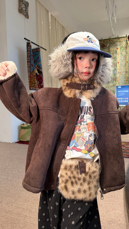 Chaqueta de antelina con cuello de pelo de leopardo y pantalones largos de lunares para niños y jóvenes 【mh0014693】