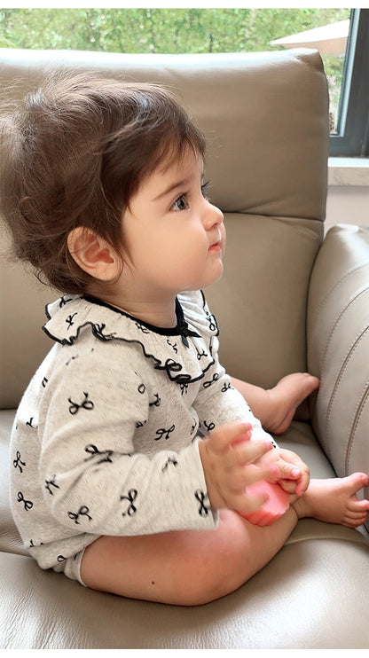 長袖ロンパース ラッフル襟 リボンプリント ボディスーツ【mh0011728】