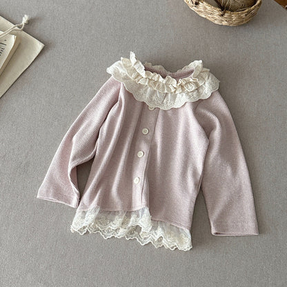 Camiseta de manga larga para bebés y niños, con cuello con volantes, bajo con volantes y botones frontales, tejido de canalé [mh0014486]