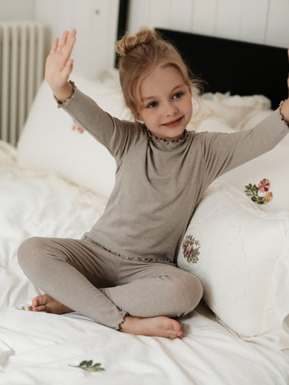 メリノウール キッズ パジャマ ラッフルカラー 長袖 トップス＆パンツ くすみカラー【mh0011572】