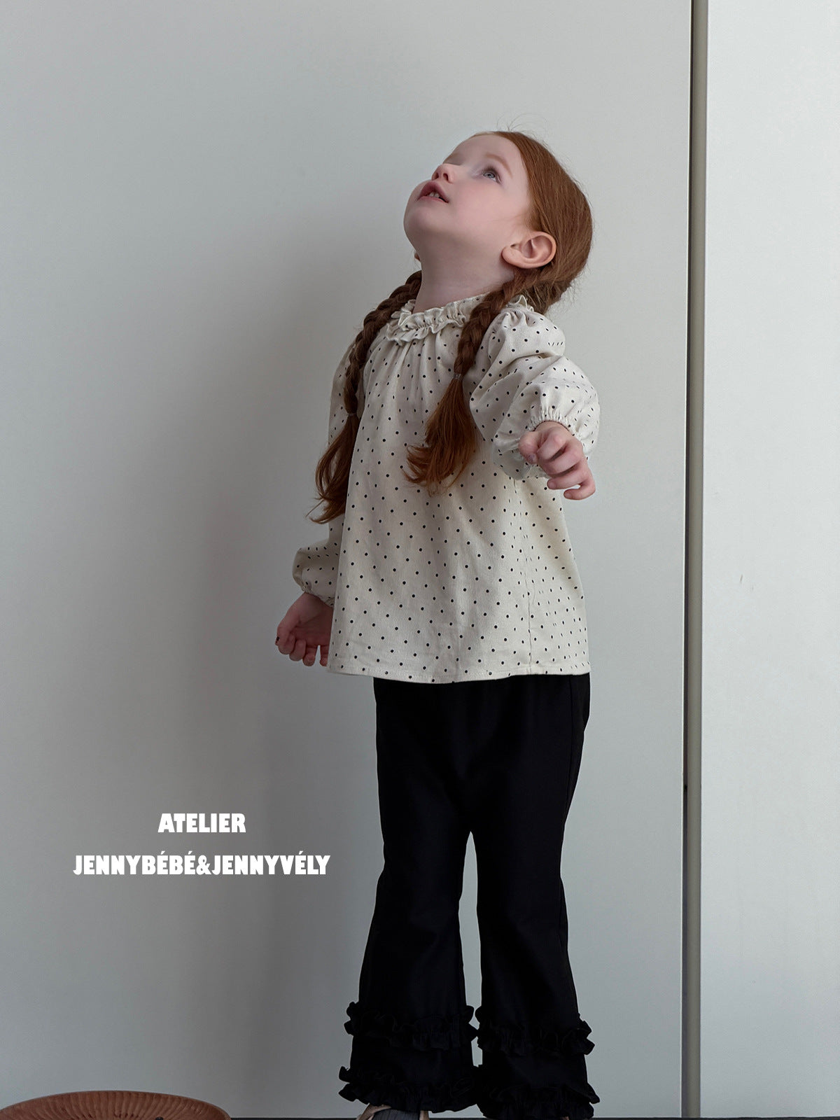 Blusa de manga larga con volantes y estampado de puntos para niñas + pantalón acampanado [mh0014657]