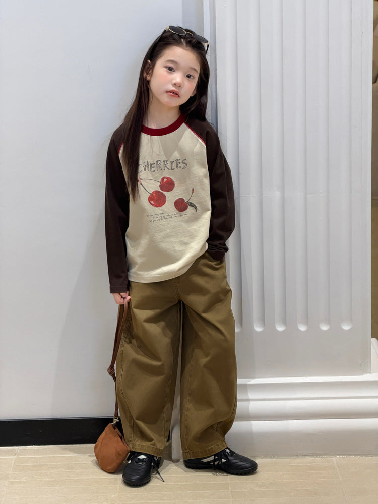 キッズ ジュニア 配色 バイカラー ラグラン プリント 長袖Tシャツ【mh0014416】