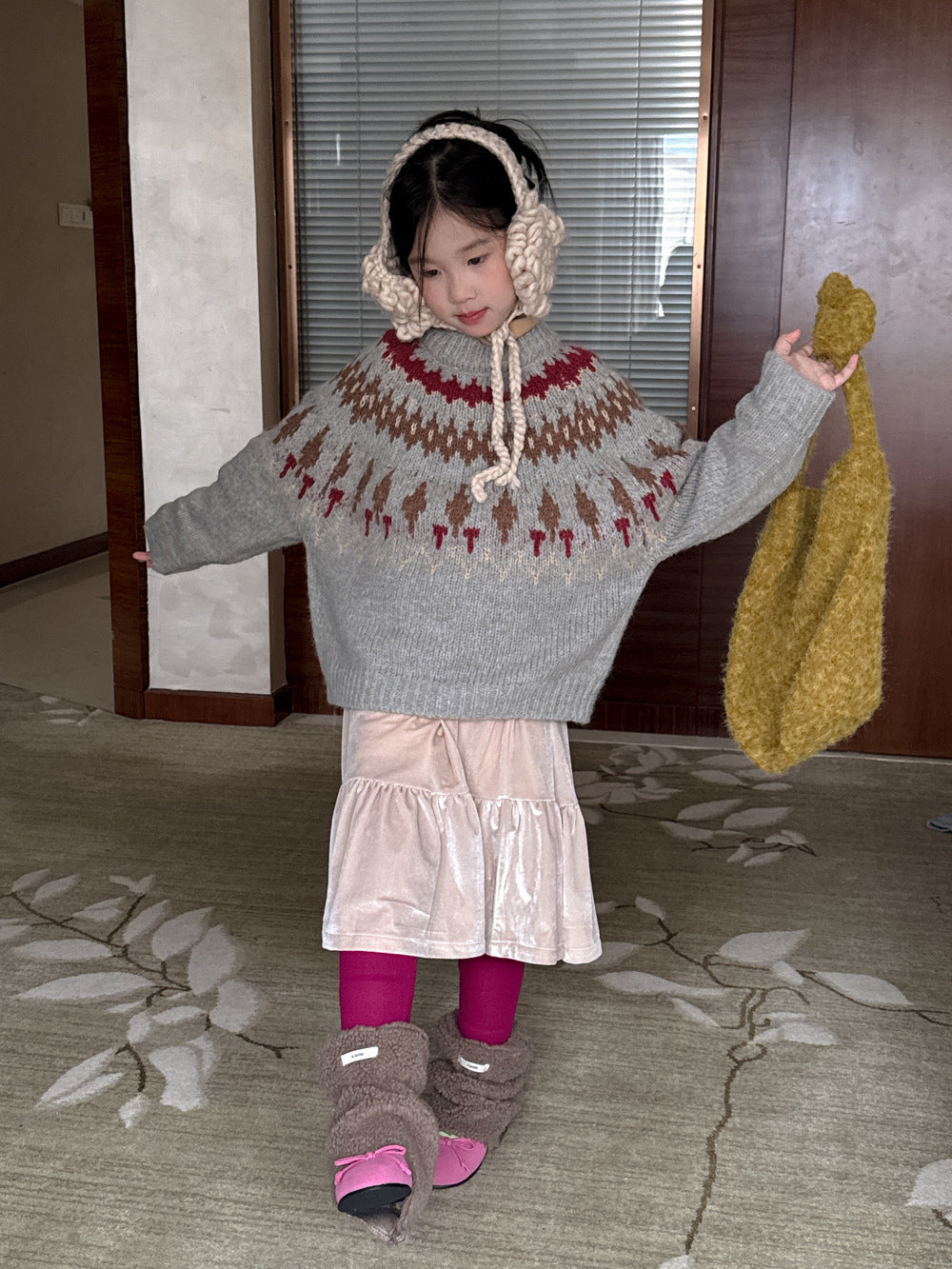 ニットセーター キッズ 求心柄 厚手 クルーネック ルーズフィット カジュアル【mh0011684】