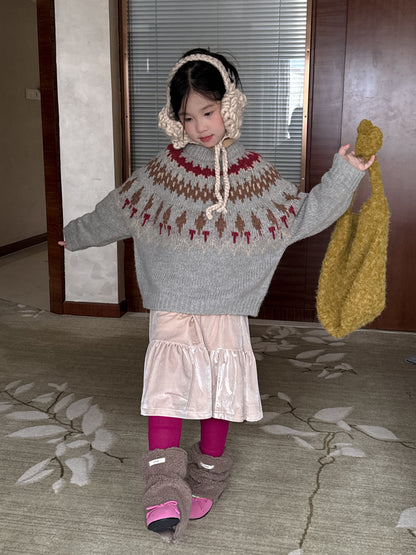 ニットセーター キッズ 求心柄 厚手 クルーネック ルーズフィット カジュアル【mh0011684】