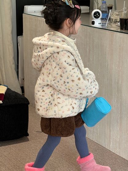 Children's 2026 Girls' Floral Lamb Shearling Hooded Jacket, Thickened Cotton-Padded Children's Coat, Warm Zipper Jacket【mh0014699】