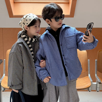 シャツジャケット キッズ チェック柄 中綿 厚手 ルーズフィット カジュアル アウター【mh0011673】