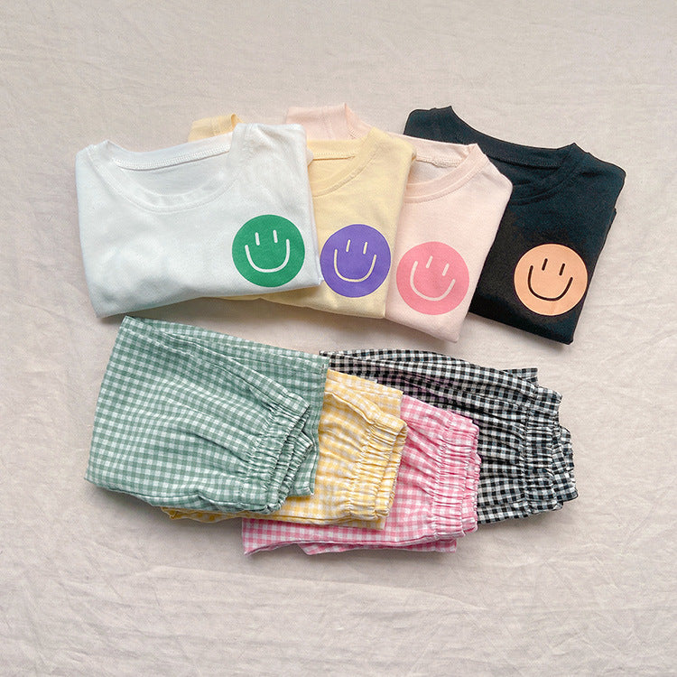 Smiley Long Sleeve Tee & Plaid Pants Set スマイル プリント チェック柄 セットアップ【mh0012672】