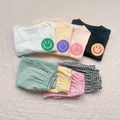 Smiley Long Sleeve Tee & Plaid Pants Set スマイル プリント チェック柄 セットアップ【mh0012672】