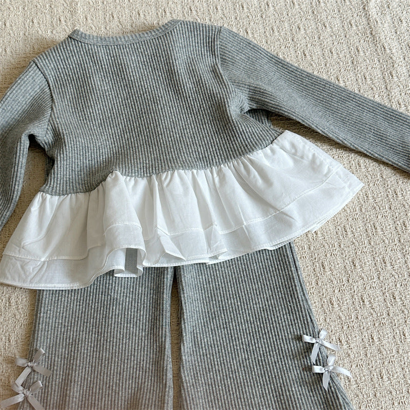 Conjunto de camiseta de manga larga acanalada con volantes y lazo para niña y pantalón acampanado【mh0014151】