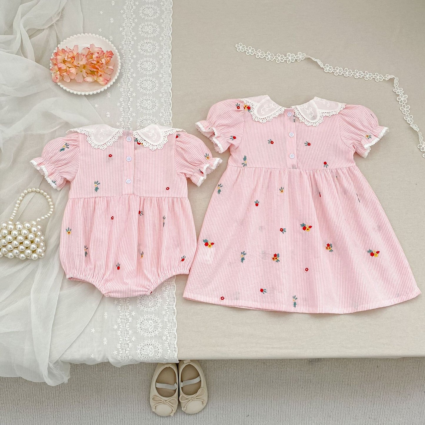 Stripe Embroidery Romper Dress Mono-vestido con bordados de rayas [mh0013168]