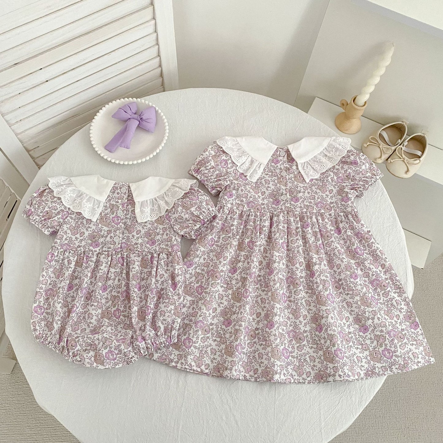 Floral Lace Collar Dress Romper Vestido con cuello de volantes y mangas cortas Mameluco de manga corta【mh0013156】