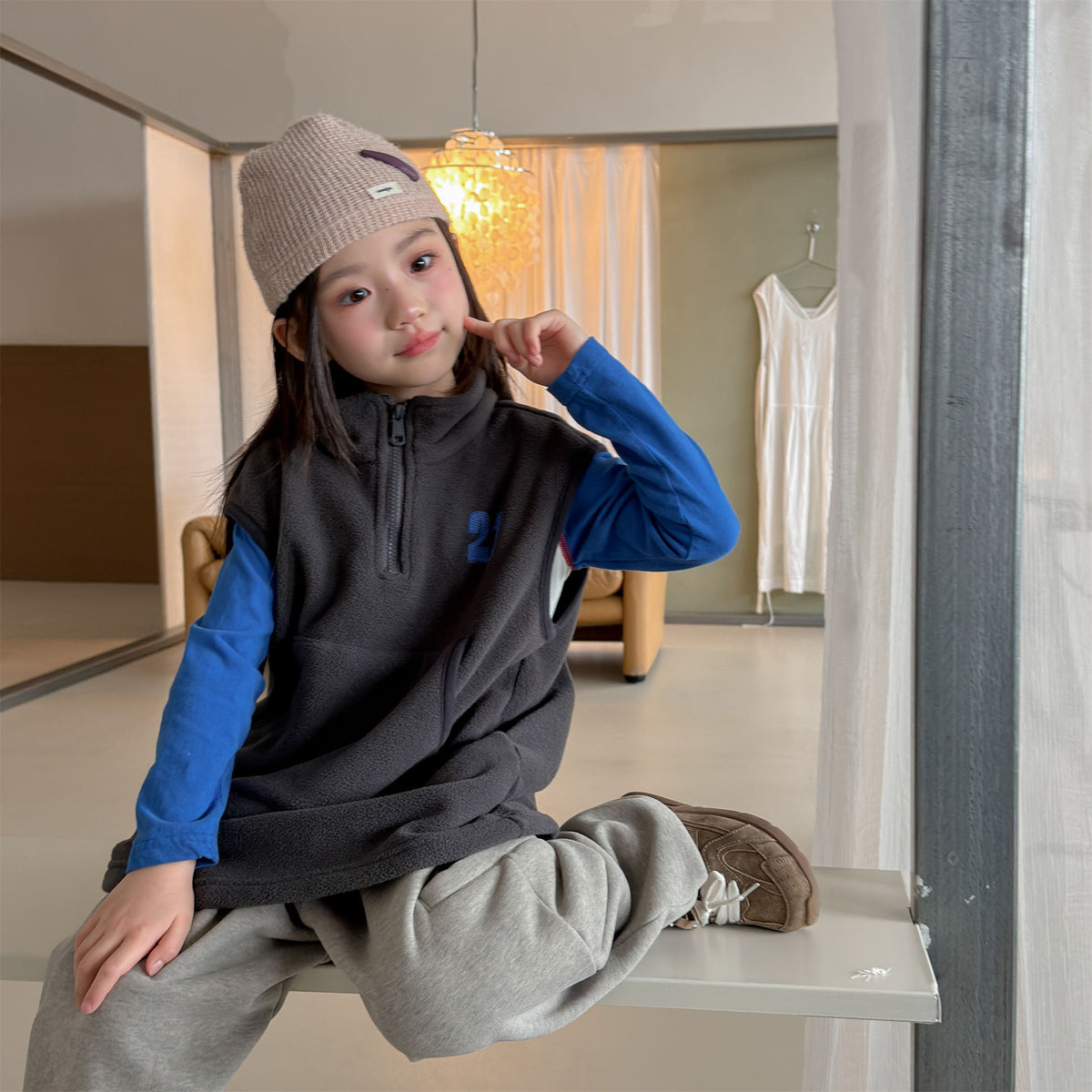 Kids' Embroidered Number Stand-Collar Half-Zip Fleece Long Vest【mh0014559】