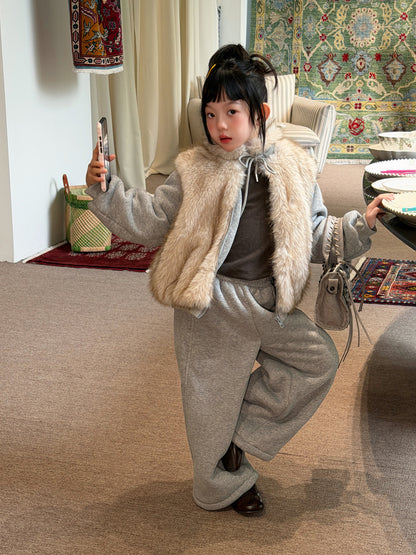 Kids' Set 2026 Winter Girls' Faux Fur Patchwork Sweatshirt Two-Piece Set, Thickened Fleece-Lined Kids Set Mo Xiao Meng【mh0014700】