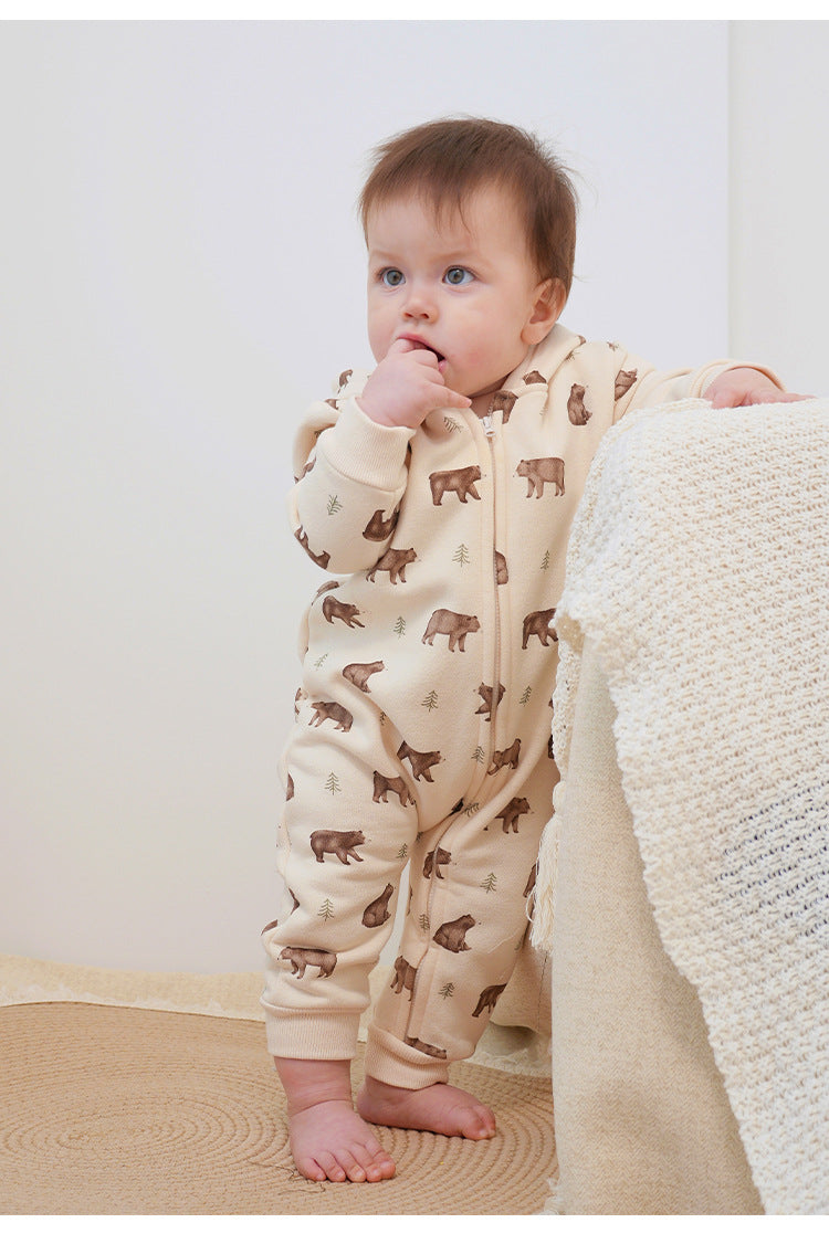 長袖ジップアップジャンプスーツ フーディロンパース ベアくまプリント【mh0011721】