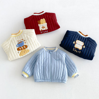 キッズ アップリケ 刺繍 キルティング 中綿ジャケット / デニムパンツ【mh0014763】