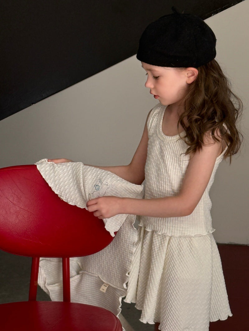 Kids' Mellow Frill Waffle Knit Long-Sleeve Cardigan, Camisole, and Flare Skirt Set [mh0014077]