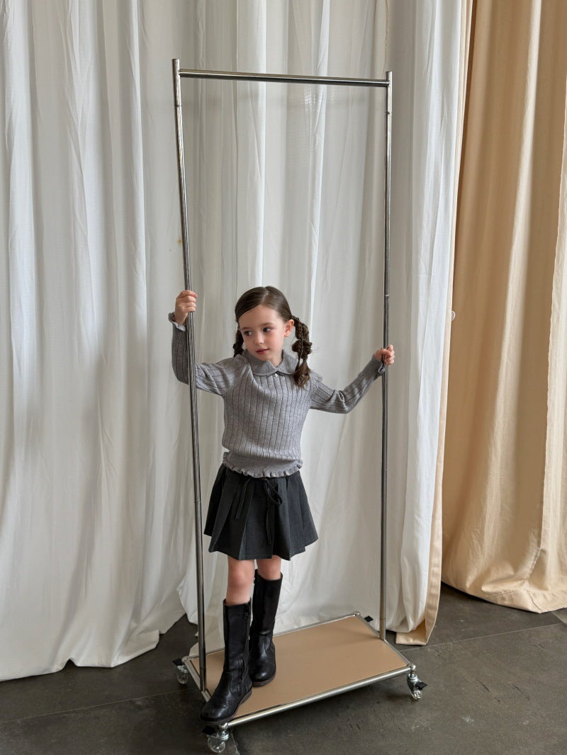 Kids' Ribbed Knit Round Neck Long-Sleeve Pullover with Frills