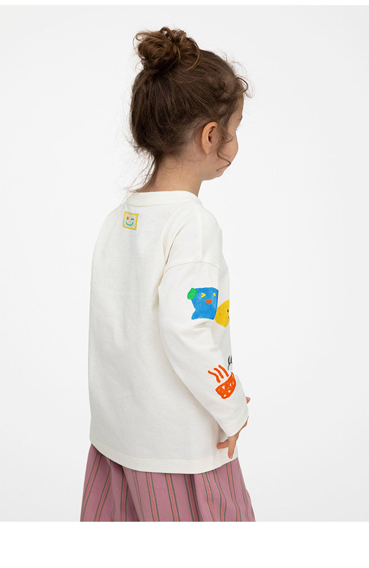 Camiseta de manga larga holgada con hombros caídos y estampado infantil [mh0014201]