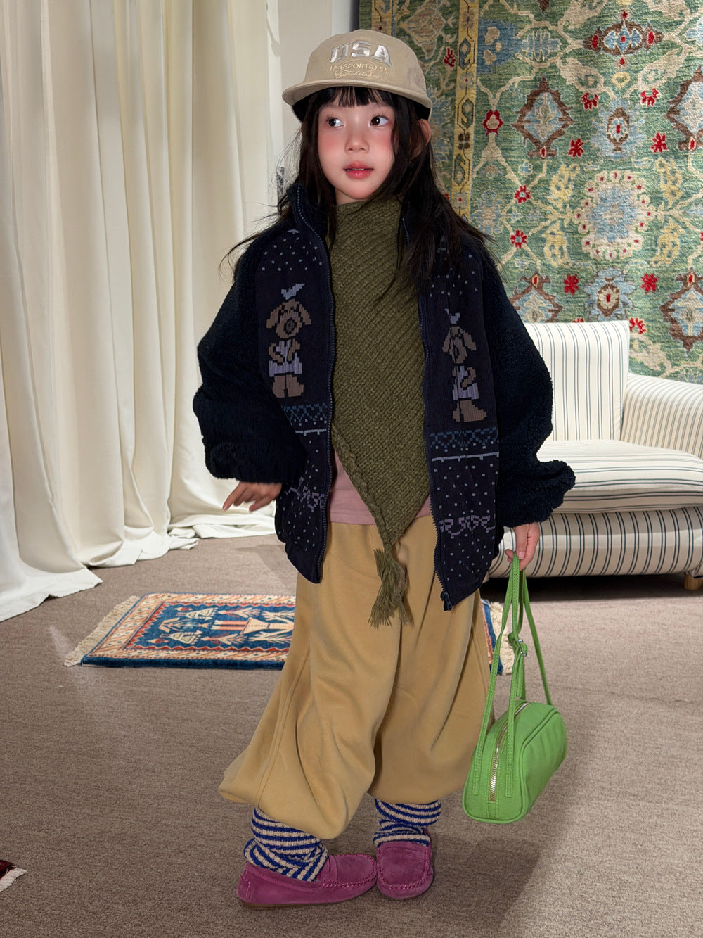 Children's jacket 2026 girls' winter thickened quilted zip-up jacket, children's corduroy patchwork sweater with cute accents【mh0014697】