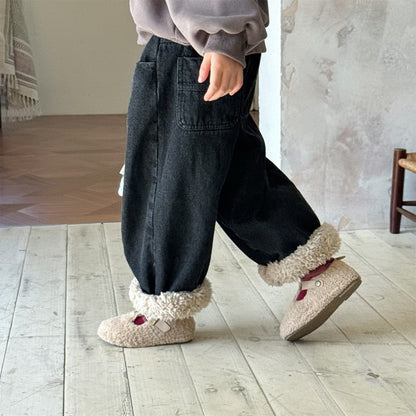 デニムパンツ 裏ボア 裾ボア ドッキング ゆったり ボトムス【mh0011610】