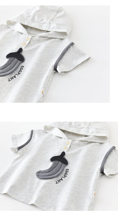 Cartoon Hooded Set Eggplant Print Short Sleeve Setup [mh0012852]