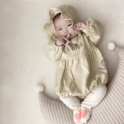 Fawn Embroidered Ruffle Bodysuit 小鹿 刺繍 フリル 長袖ロンパース【mh0012696】