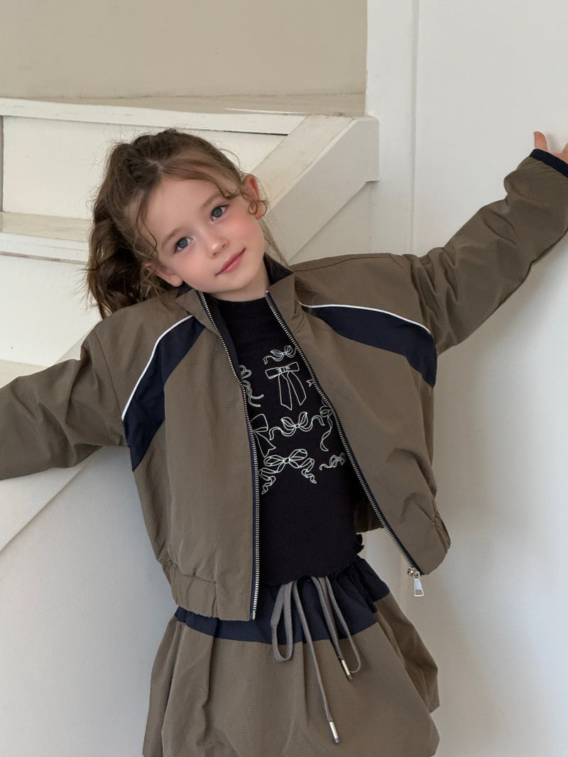 Kids' Colorblock Stand-Collar Long-Sleeve Jacket & Mini Skirt Set [mh0014079]