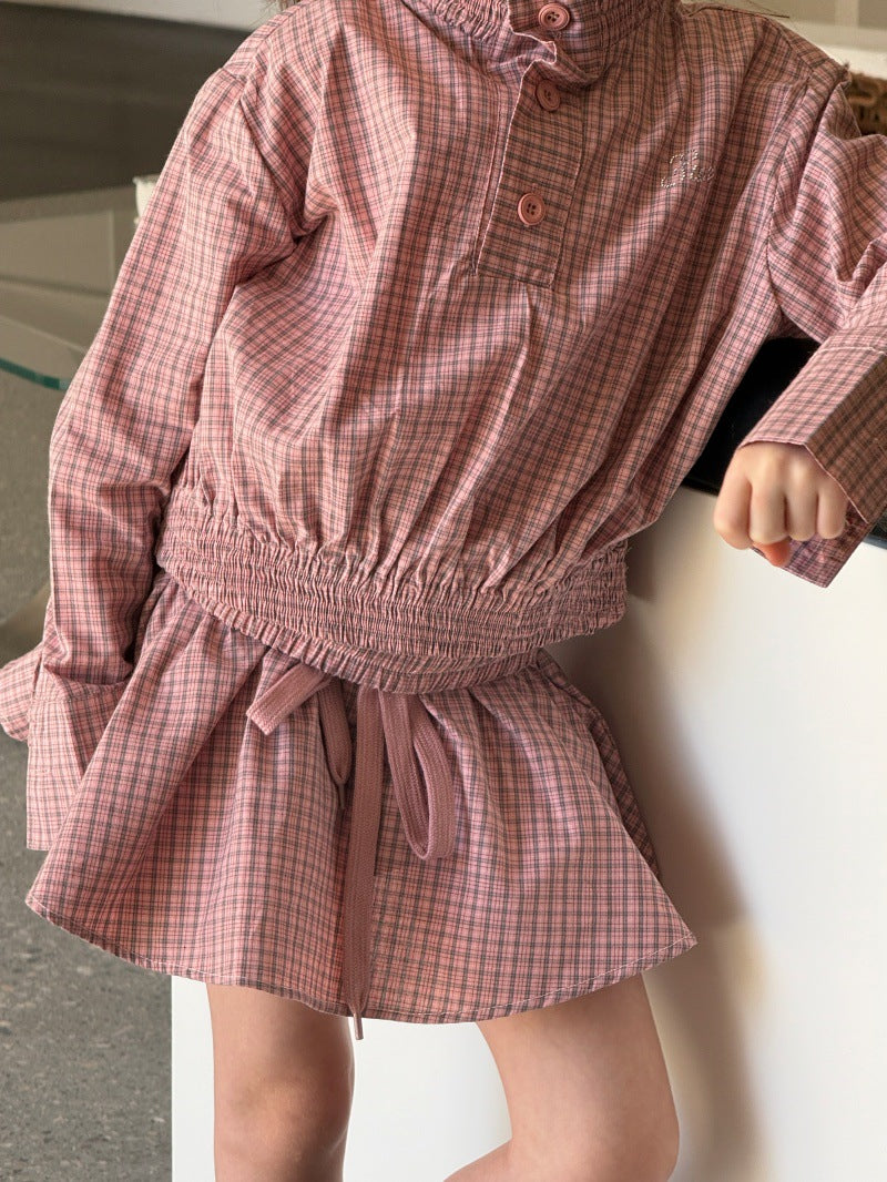Kids' Plaid Stand-Collar Ruffled Long-Sleeve Shirt and Miniskirt Set [mh0014078]