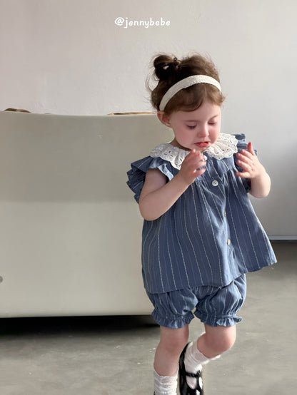 Lace Collar Stripe Cotton Set