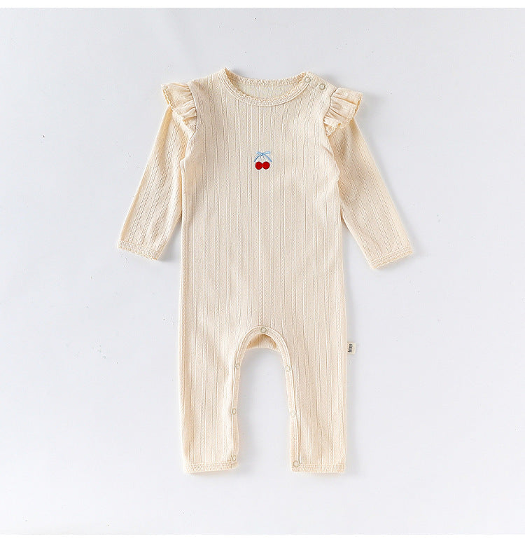 長袖ロンパース コットン フリル 刺繍 リブ カバーオール【mh0011699】