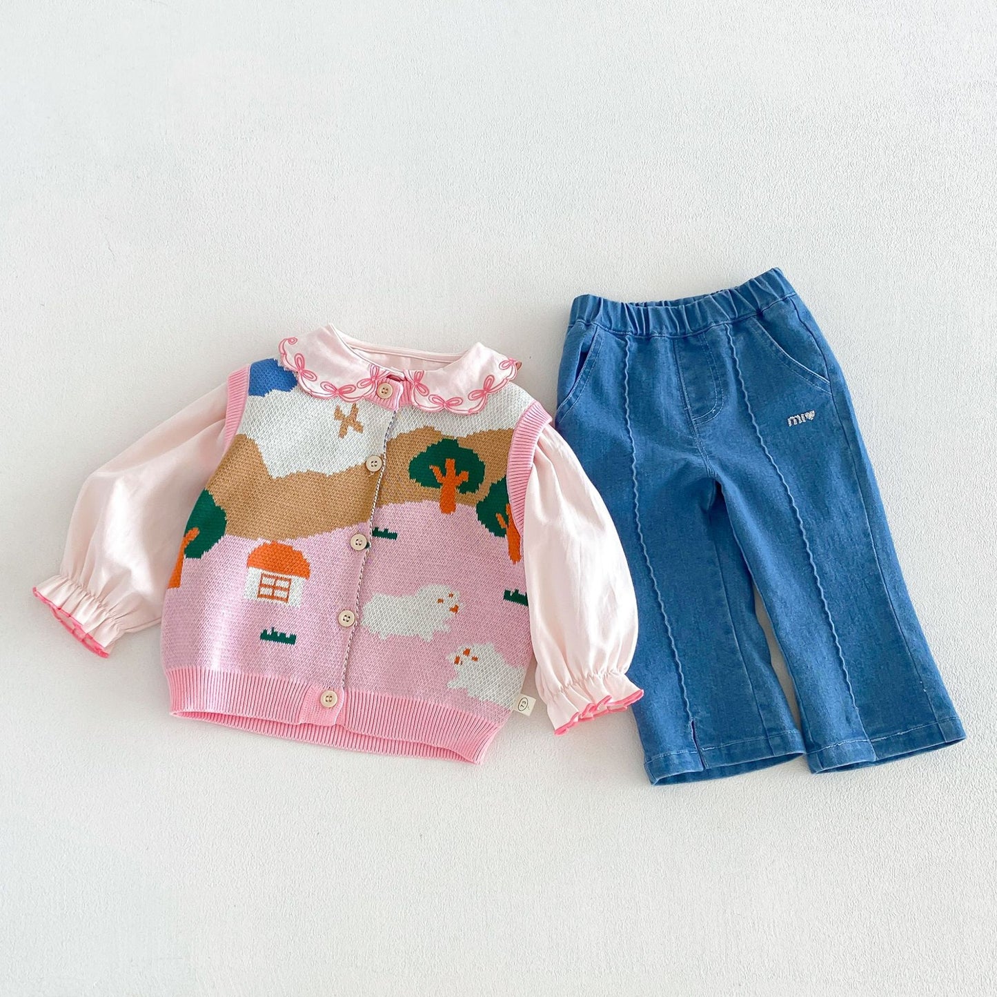 Chaleco de punto jacquard para niños, camisa de manga larga con volantes, pantalones vaqueros【mh0014038】