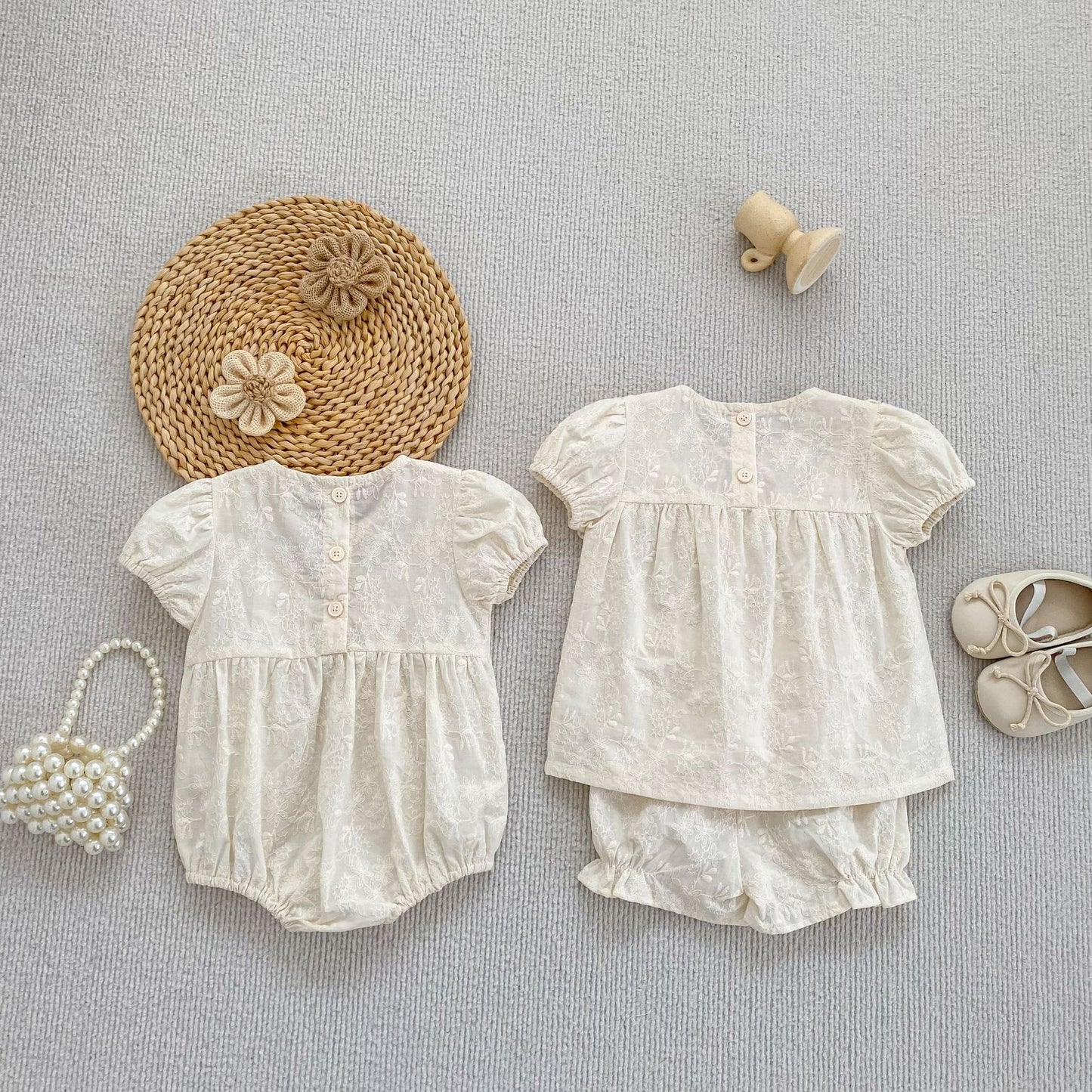 Embroidered Ruffle Romper And Blouse Shorts フリル ロンパース ブラウス ショートパンツ【mh0013163】