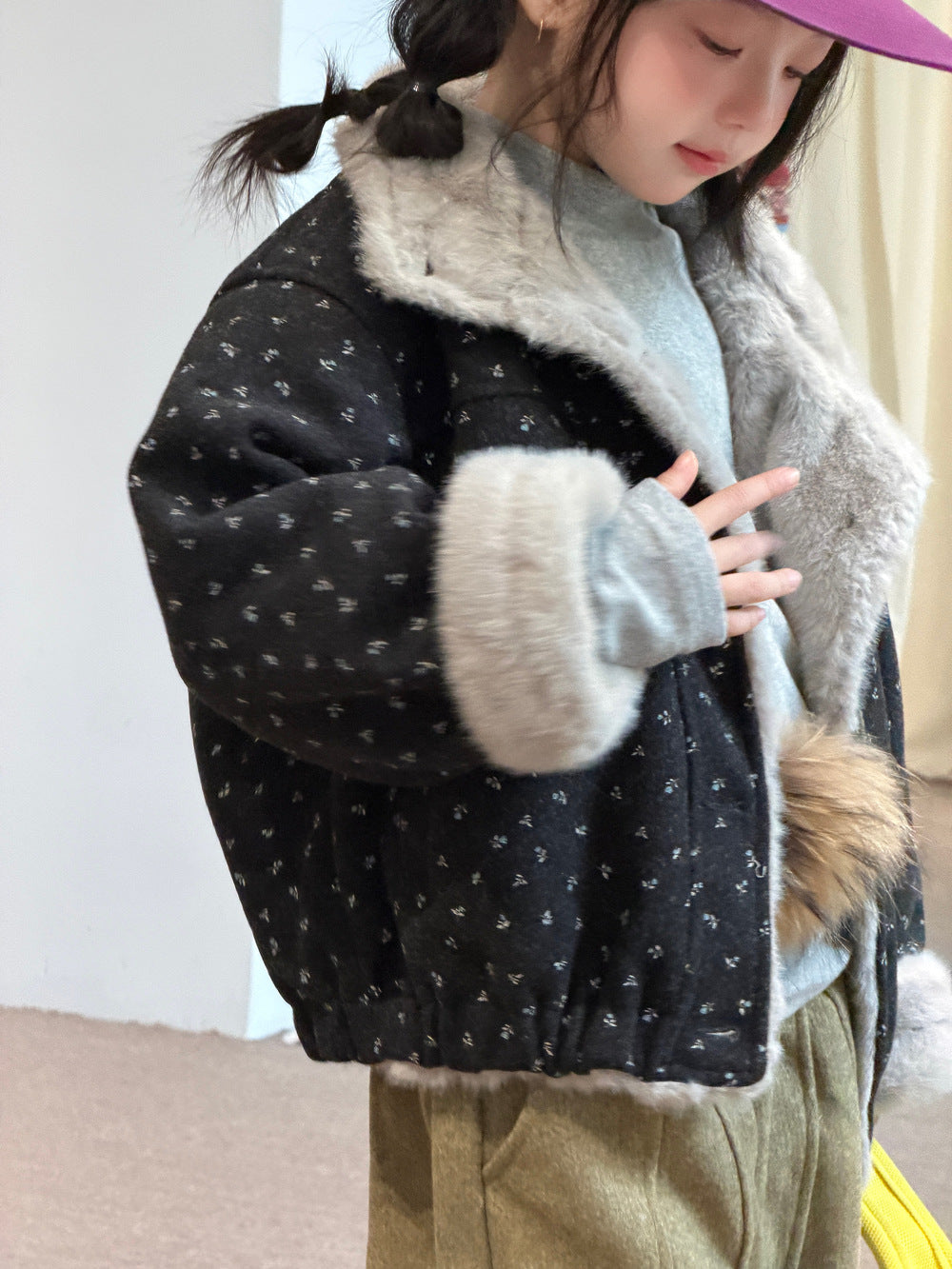 Chaqueta abrigo infantil juvenil con estampado floral, forro polar y cuello mao【mh0014687】