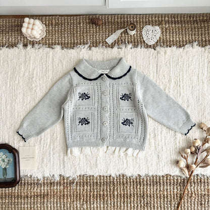 キッズ 花柄刺繍 ニット カーディガン ショートパンツ ロングパンツ【mh0014619】