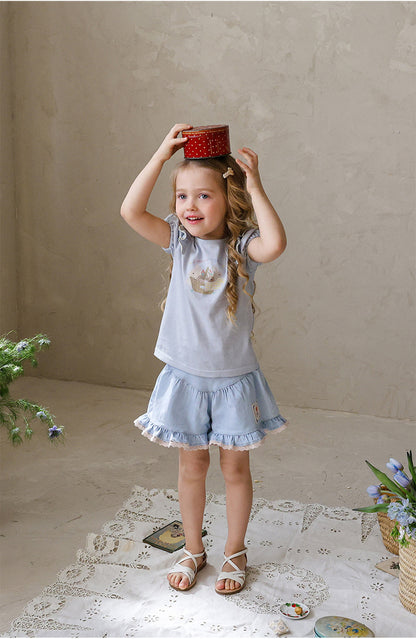 Lace Print Denim Shorts フリル デニムショートパンツ【mh0012981】