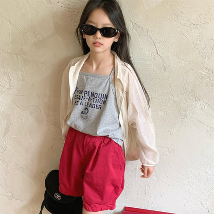 コットンショートパンツ（レッド）前面ギャザーとサイドポケット付き