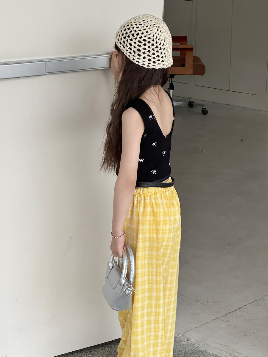 Ribbon Print Crop Top リボン ノースリーブTシャツ【mh0013064】