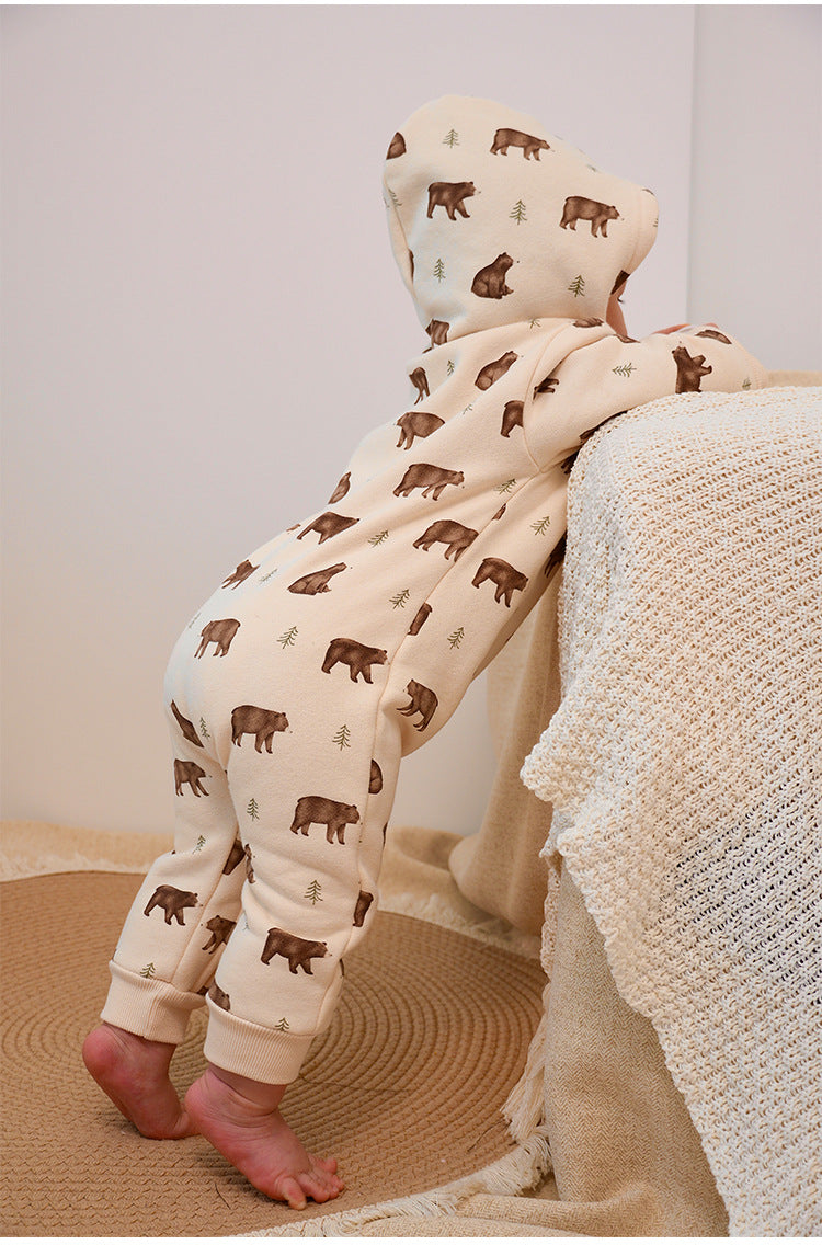 長袖ジャンプスーツ フーディジップアップ クマ柄 裏起毛【mh0011714】