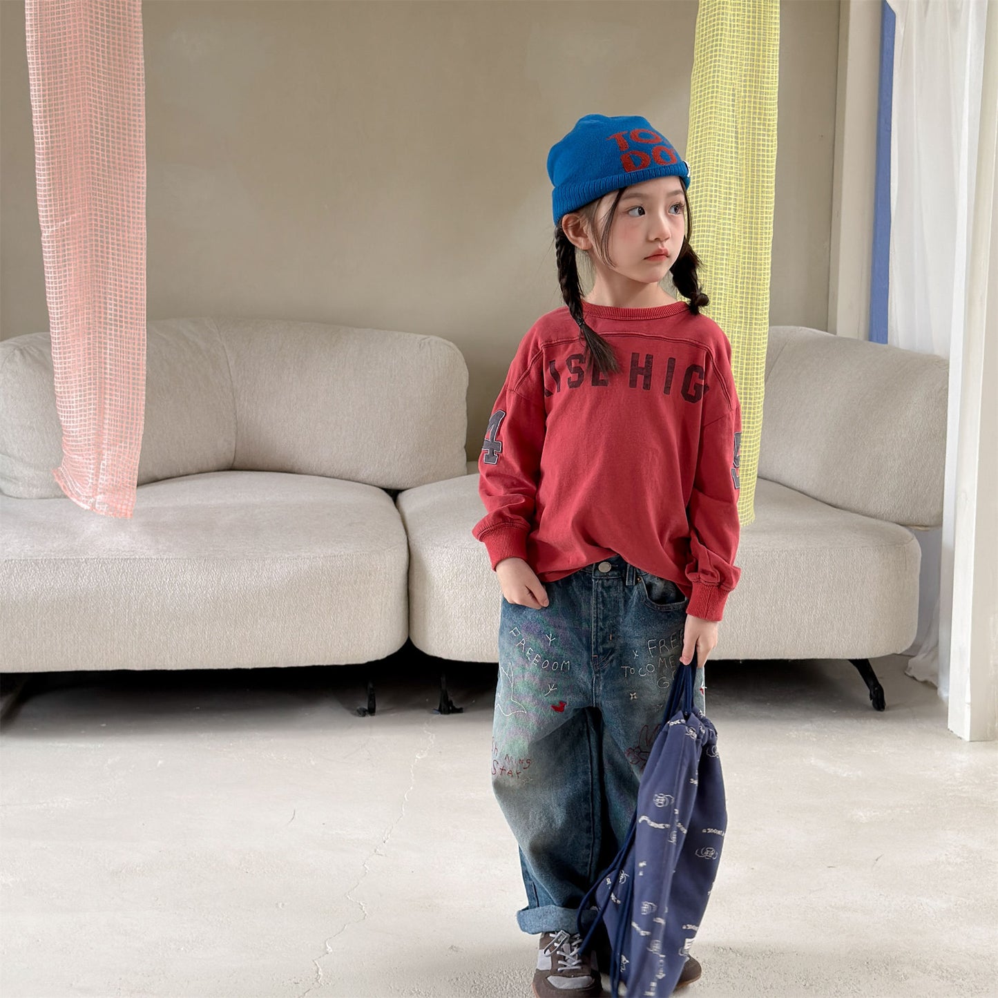 Kids' Hand-Drawn Print Pocket Loose Denim Pants [mh0014063]