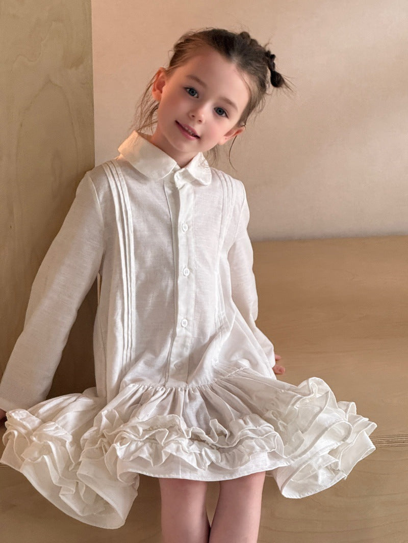 Kids' Ruffled Pintuck Front Button Long-Sleeve Shirt Dress