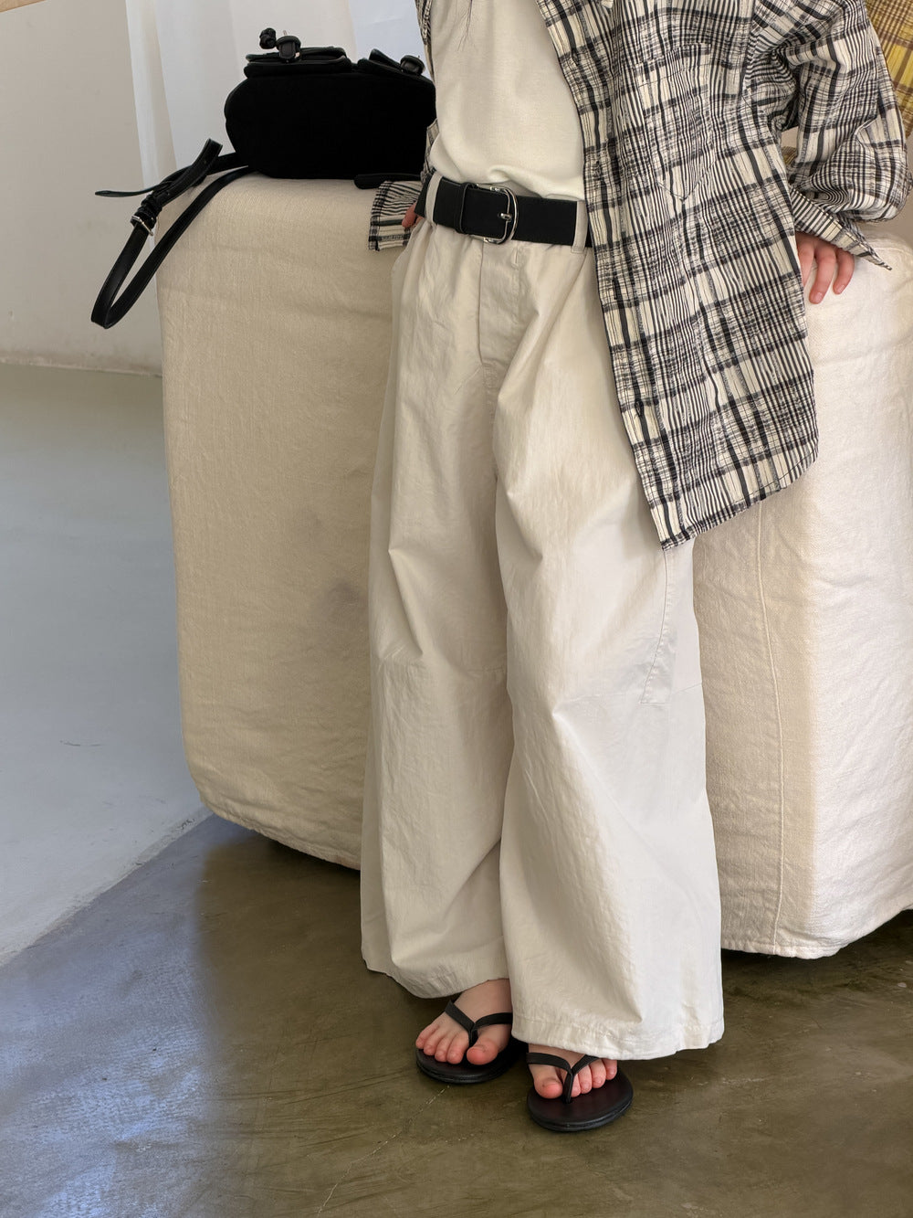 Pantalones Anchos de Algodón Liso【mh0012516】