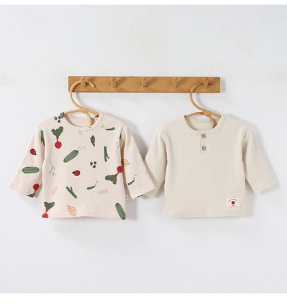 ベビー用長袖ヘンリーネックTシャツ（白無地と野菜フルーツプリント）