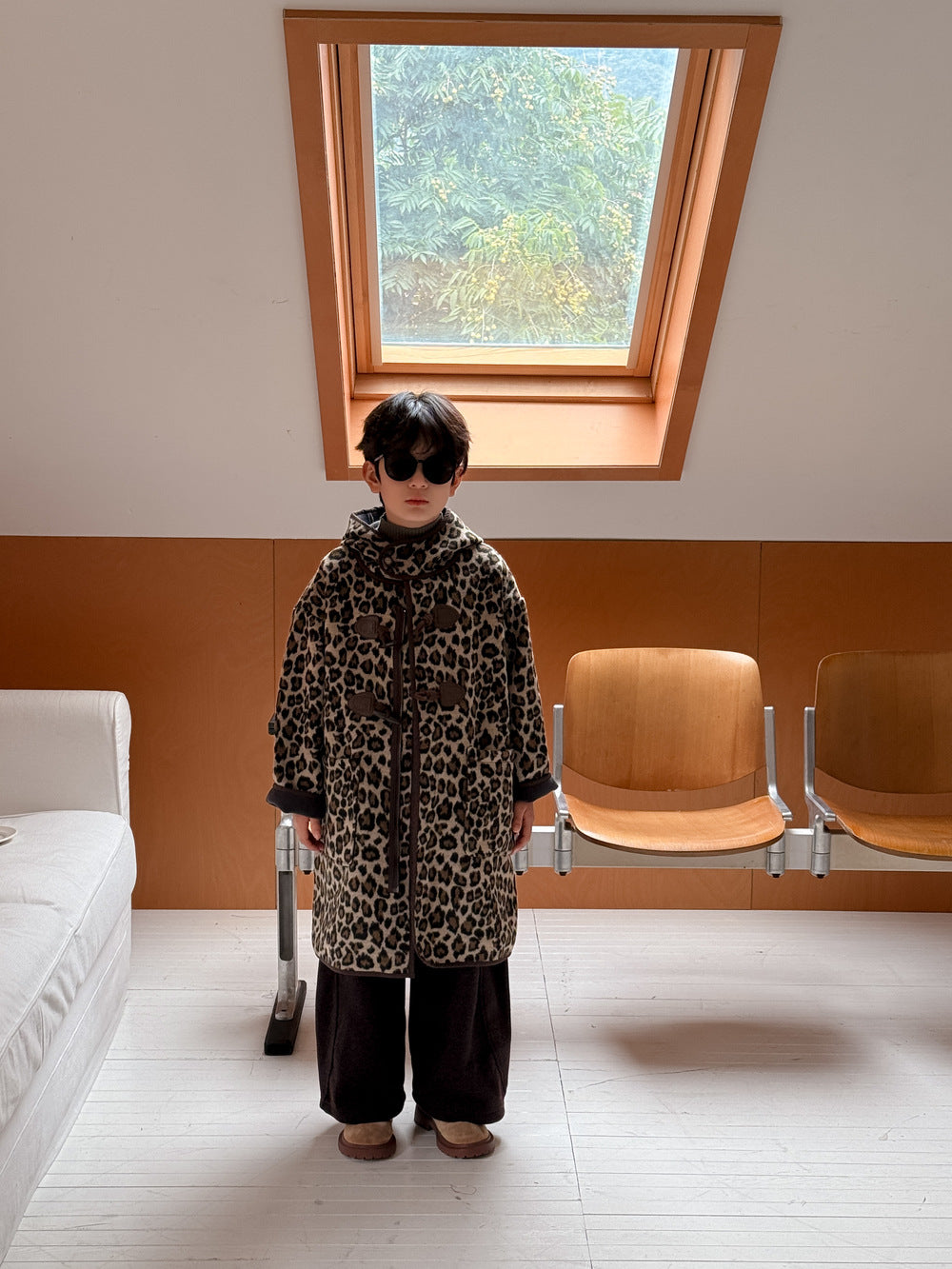 ダッフルコート キッズ レオパード柄 中綿 裏起毛 フード付 ロング丈【mh0011678】