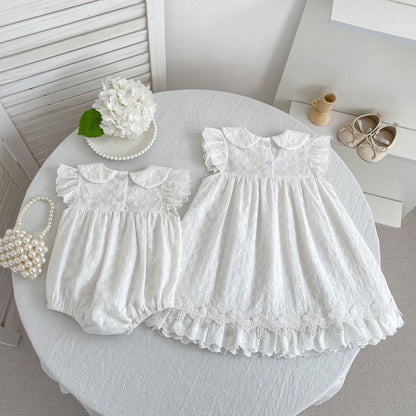 Lace Trim Doll Collar Romper Dress ラッフル ロンパース ミモレ丈ワンピース【mh0013160】