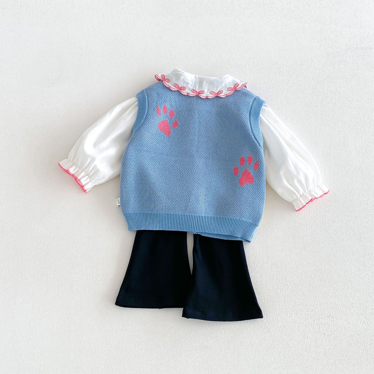 Chaleco de punto jacquard con motivo de casa para niños, cuello con volantes, blusa de manga larga y pantalones acampanados【mh0014046】