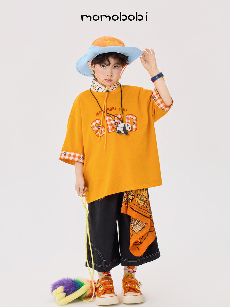 Checkered Patchwork Tee Denim ギンガムロゴ 半袖Tシャツ デニムハーフパンツ【mh0012992】