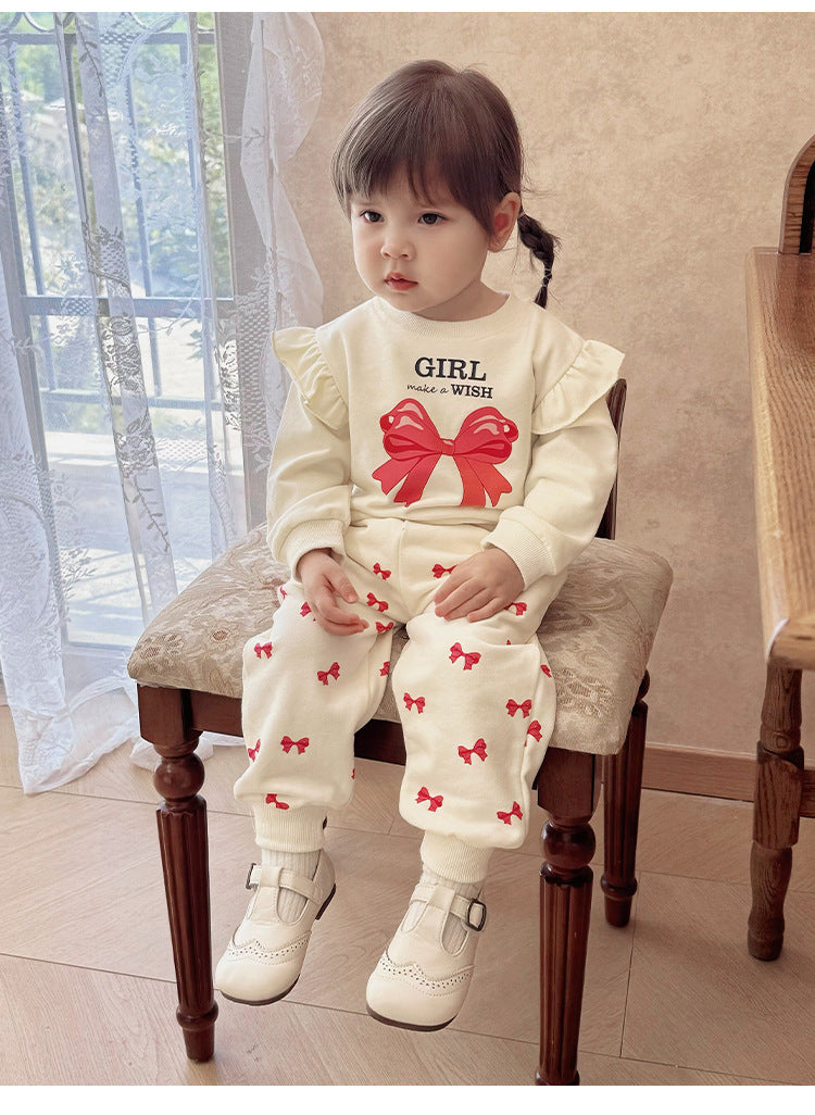 長袖セットアップ リボンプリントフリルスウェットシャツ/スウェットパンツ【mh0011722】